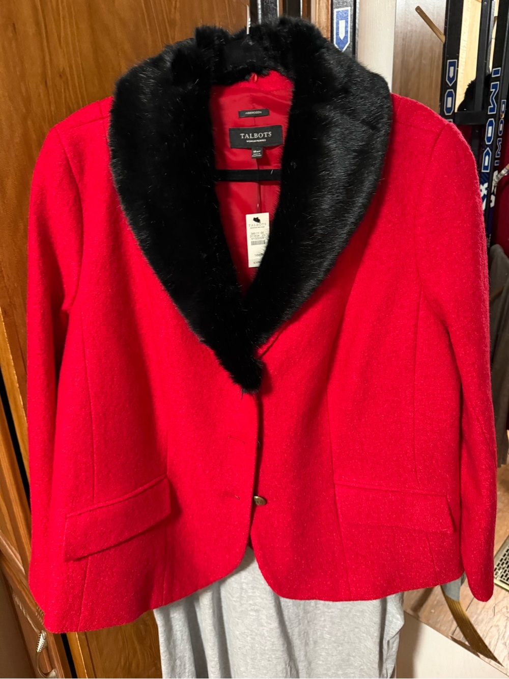 Talbots Red Wool Blazer with Black Faux Fur Shawl Collar